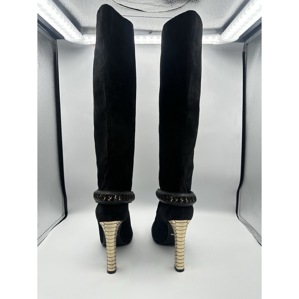 Roberto Cavalli Black Suede Knee High Boots Gold Chain & Stud Exotic Glam Rock - Picture 4 of 8